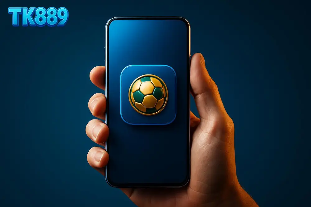 TK889 App Download โ a hand holding a phone with a betting app icon on the home screen TK889 App Download โ a hand holding a phone with a betting app icon on the home screen