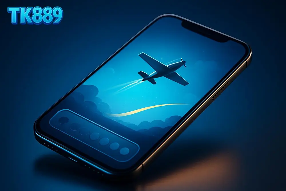 TK889 Aviator Game โ a smartphone displaying a crash-style flying game interface in blue tones TK889 Aviator Game โ a smartphone displaying a crash-style flying game interface in blue tones