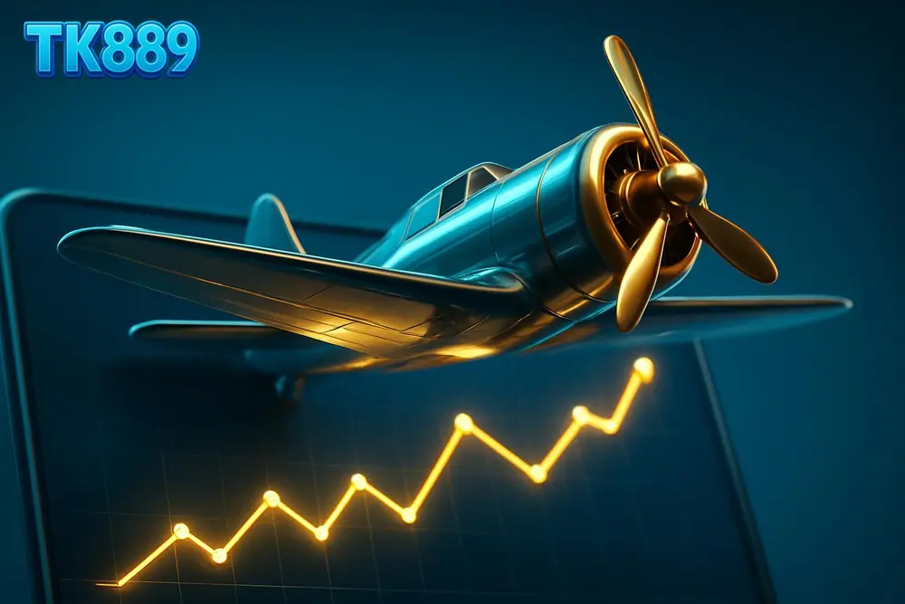 TK889 Aviator Game โ a stylized airplane rising over a glowing multiplier graph on a screen TK889 Aviator Game โ a stylized airplane rising over a glowing multiplier graph on a screen