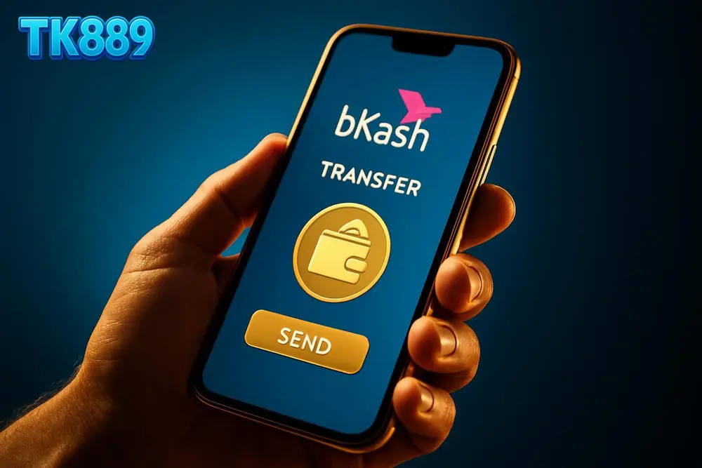 TK889 bKash Deposit — a hand holding a phone completing a mobile money transfer