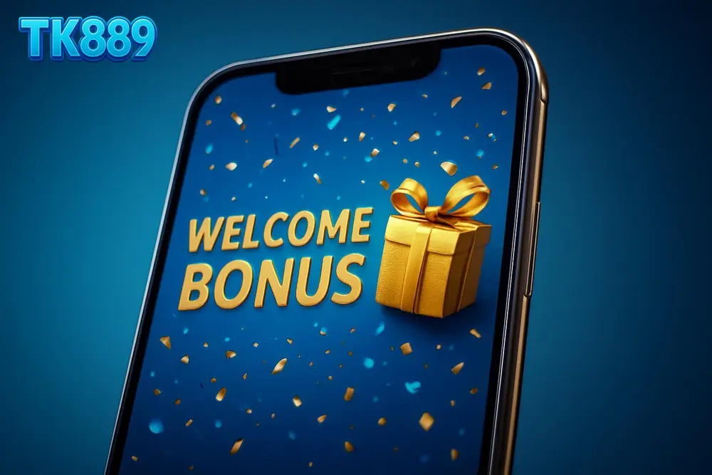 TK889 Signup Bonus — a smartphone screen showing a welcome bonus banner with confetti